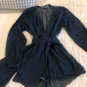 Jean long sleeve romper with tie belt